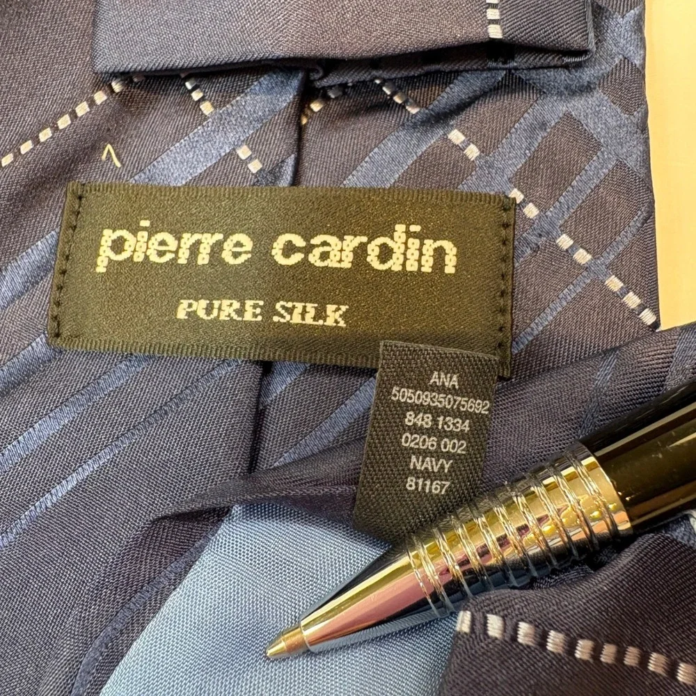 Pierre Cardin Mens Navy Blue Plaid‎ Silk Necktie Geometric Dotted Line Vintage